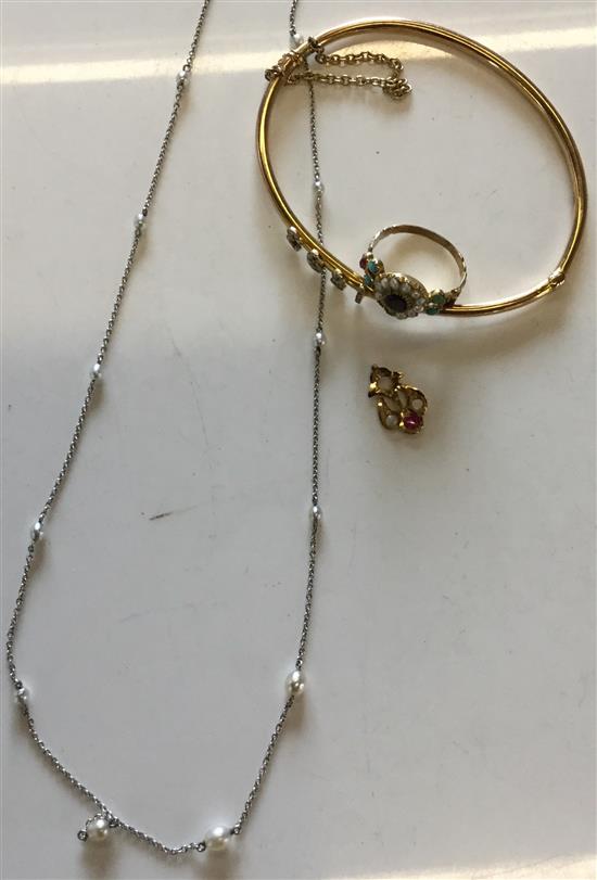 Gold bangle, Victorian ring, seed pearl necklace and one other item